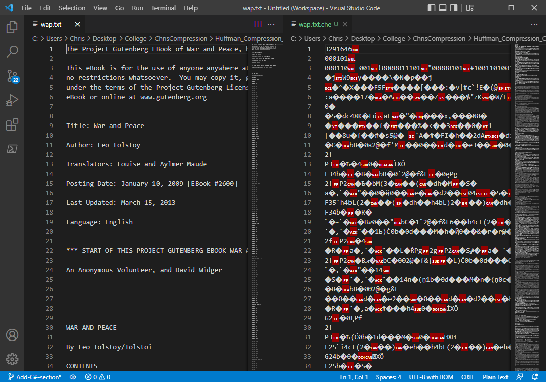 Left shows the original text, and the right shows the result of running the huffman encoding program I wrote.